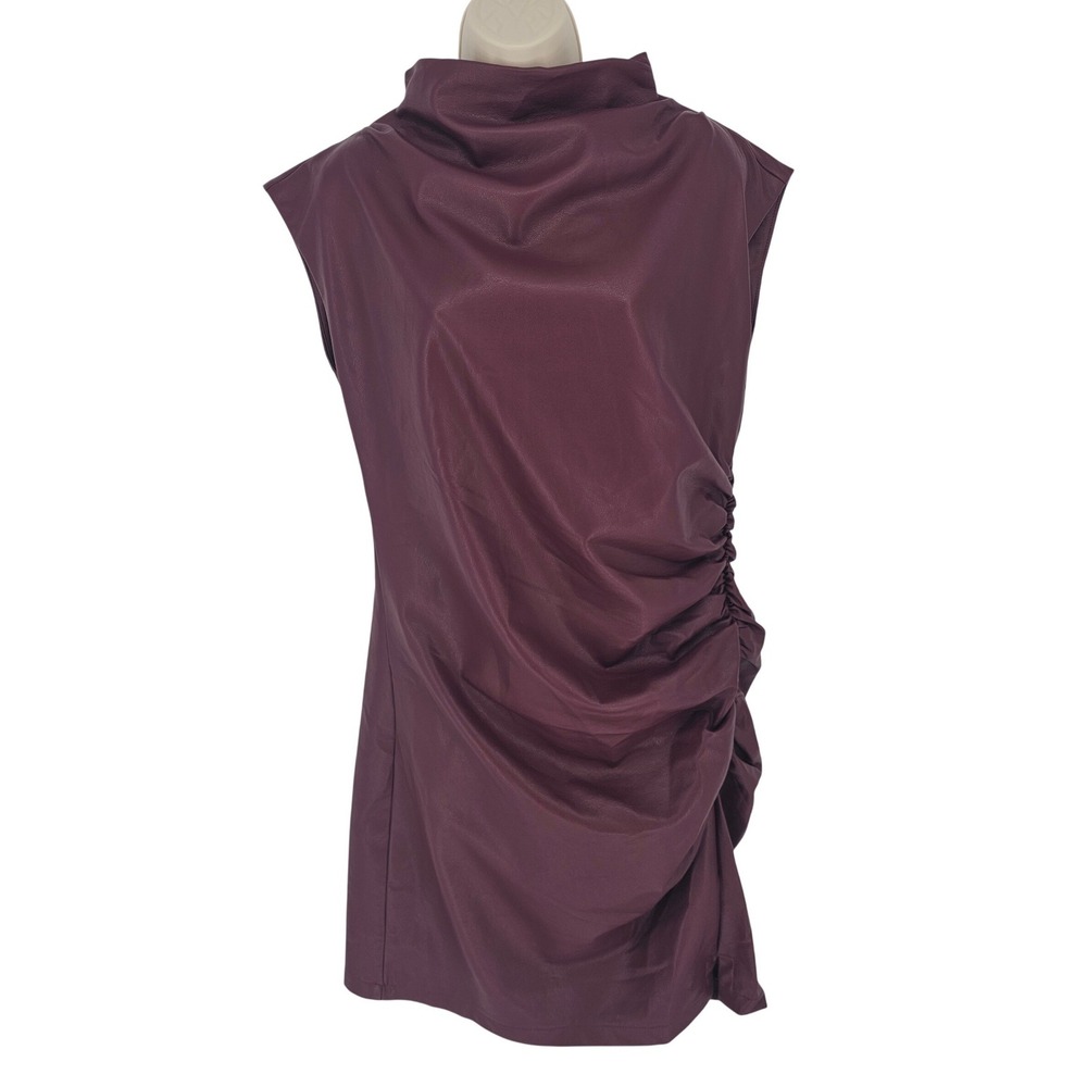Anthropologie Faux Leather Dress Women's 12 Wine Mock Neck Ruched Bodycon New